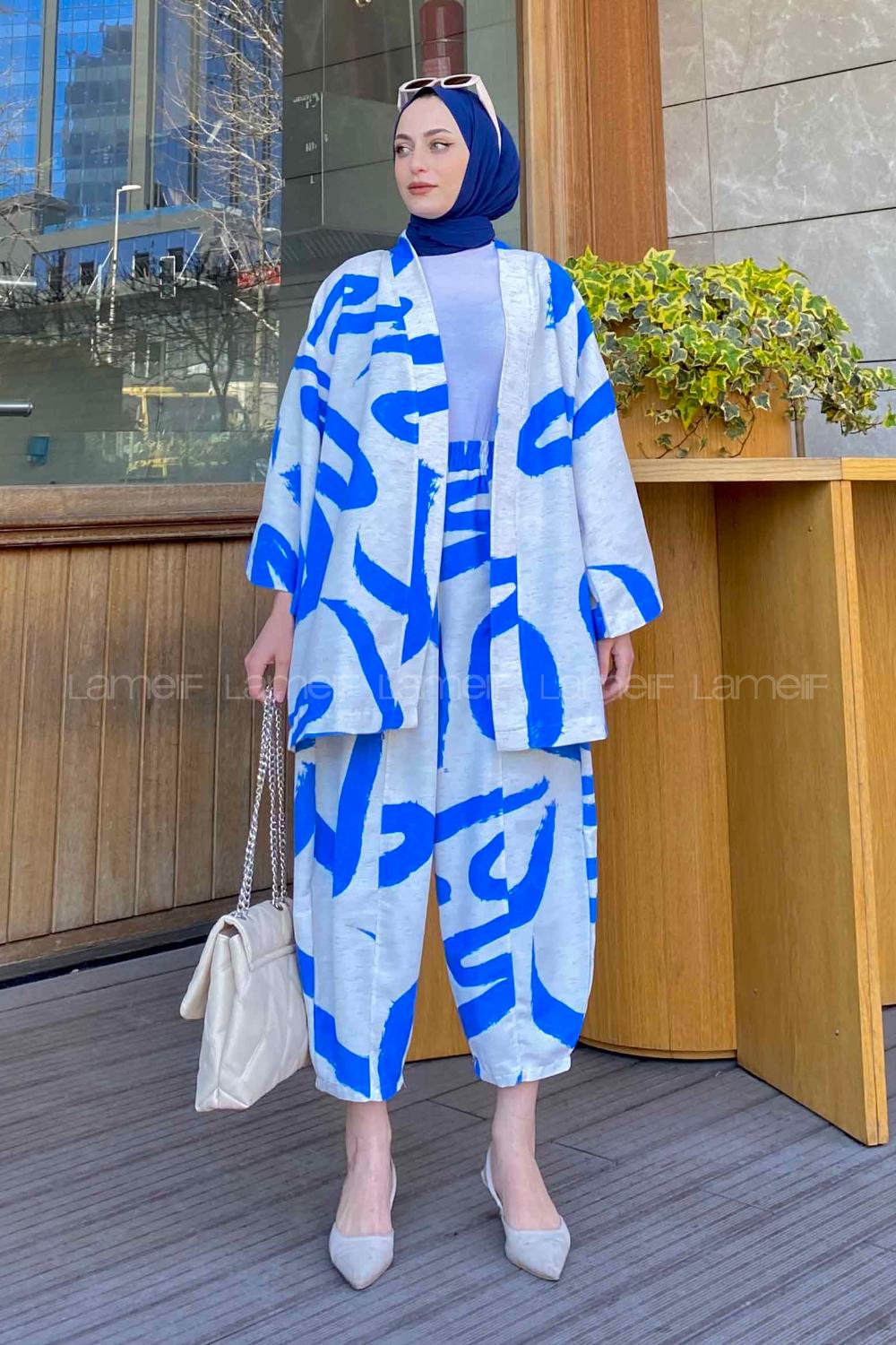 Modalamelif İkili Keten Desenli Takım Mavi