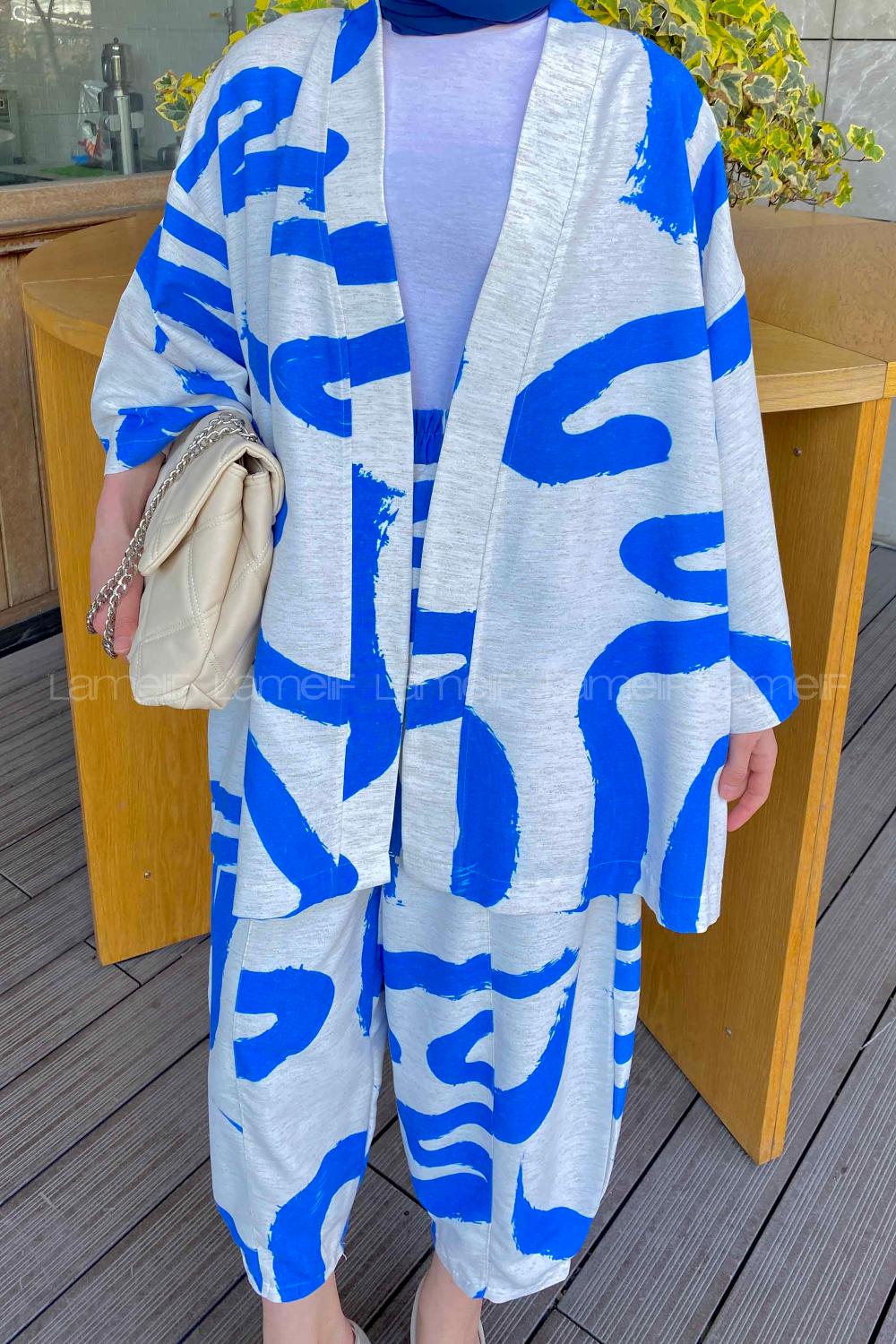 Modalamelif İkili Keten Desenli Takım Mavi