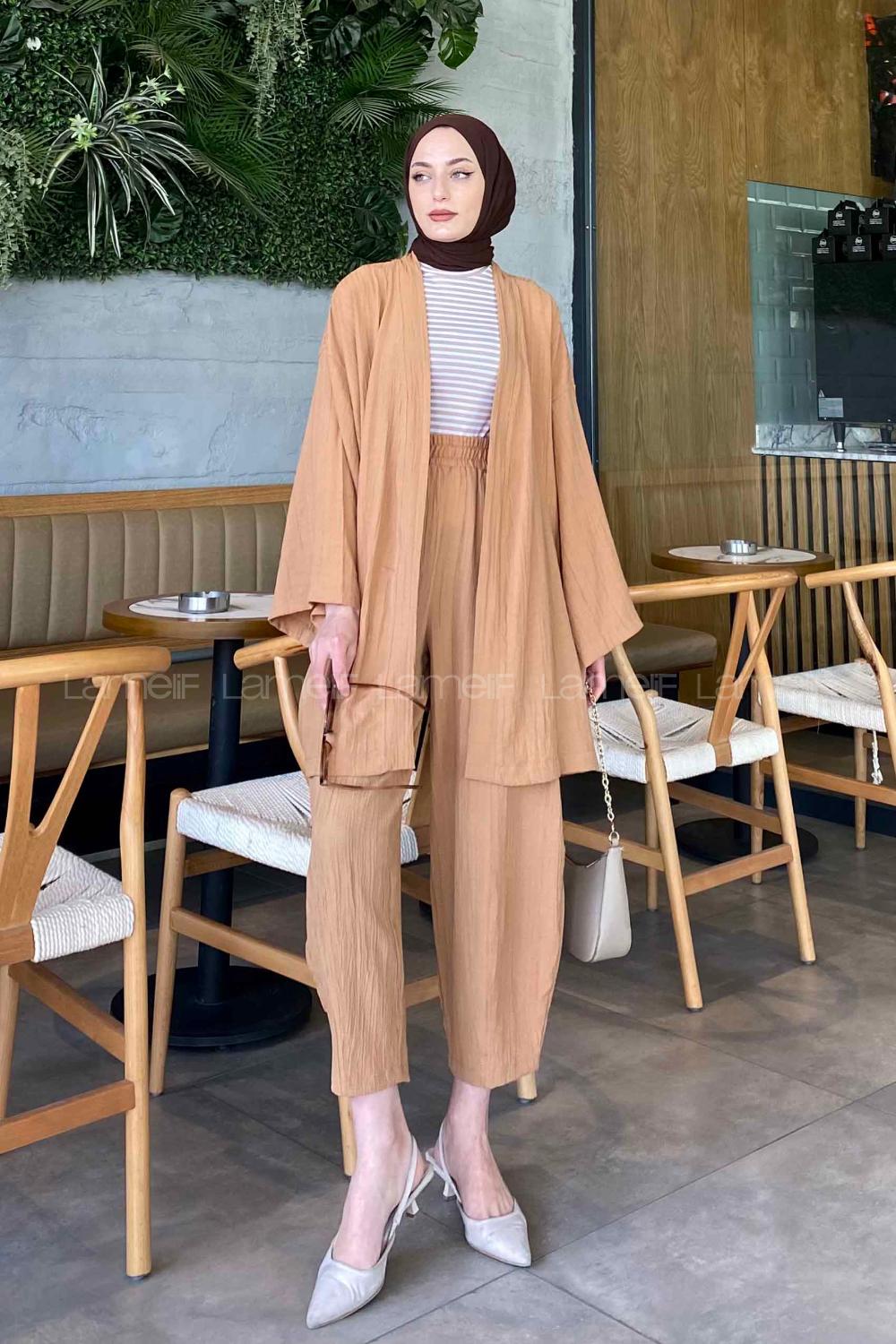 Lamelif Kimono İkili Tesettür Takım Camel
