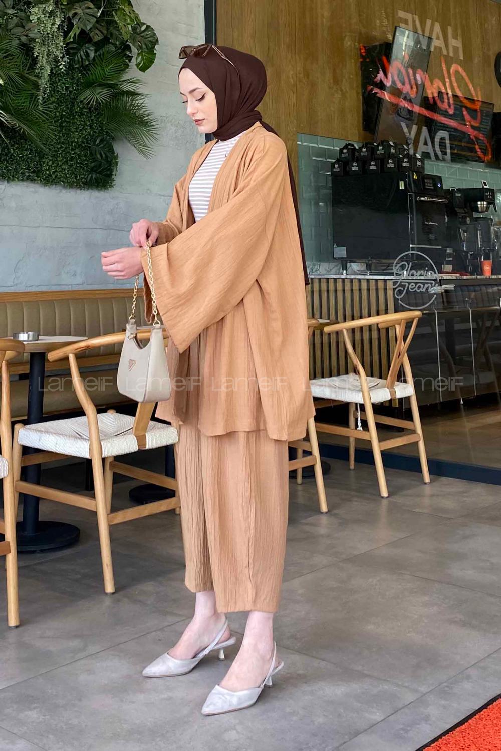Lamelif Kimono İkili Tesettür Takım Camel
