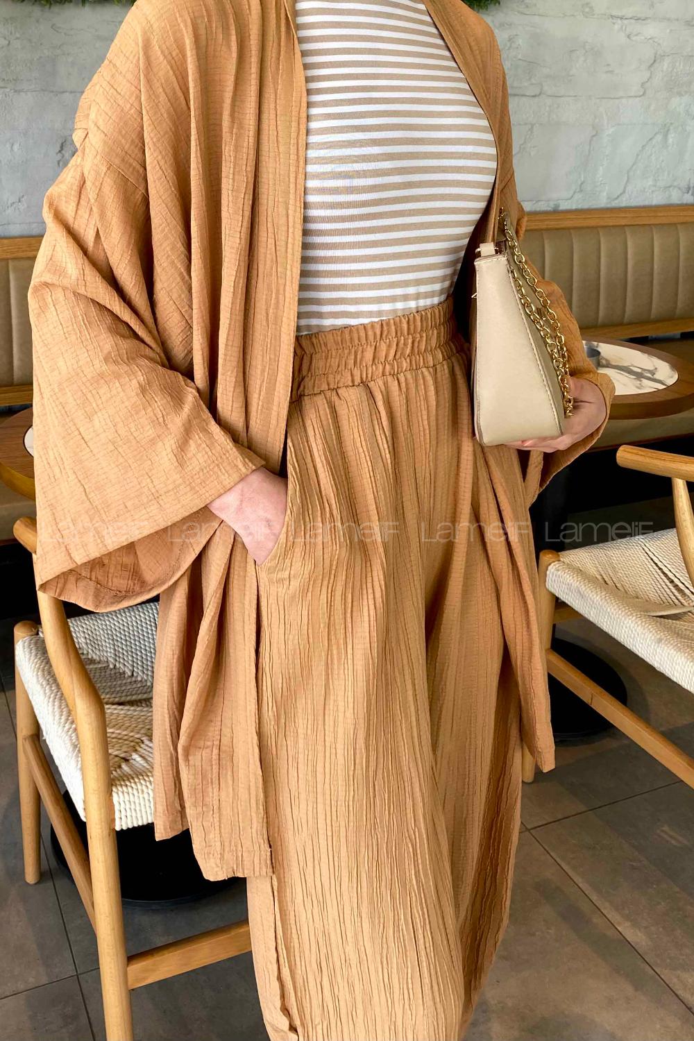 Lamelif Kimono İkili Tesettür Takım Camel