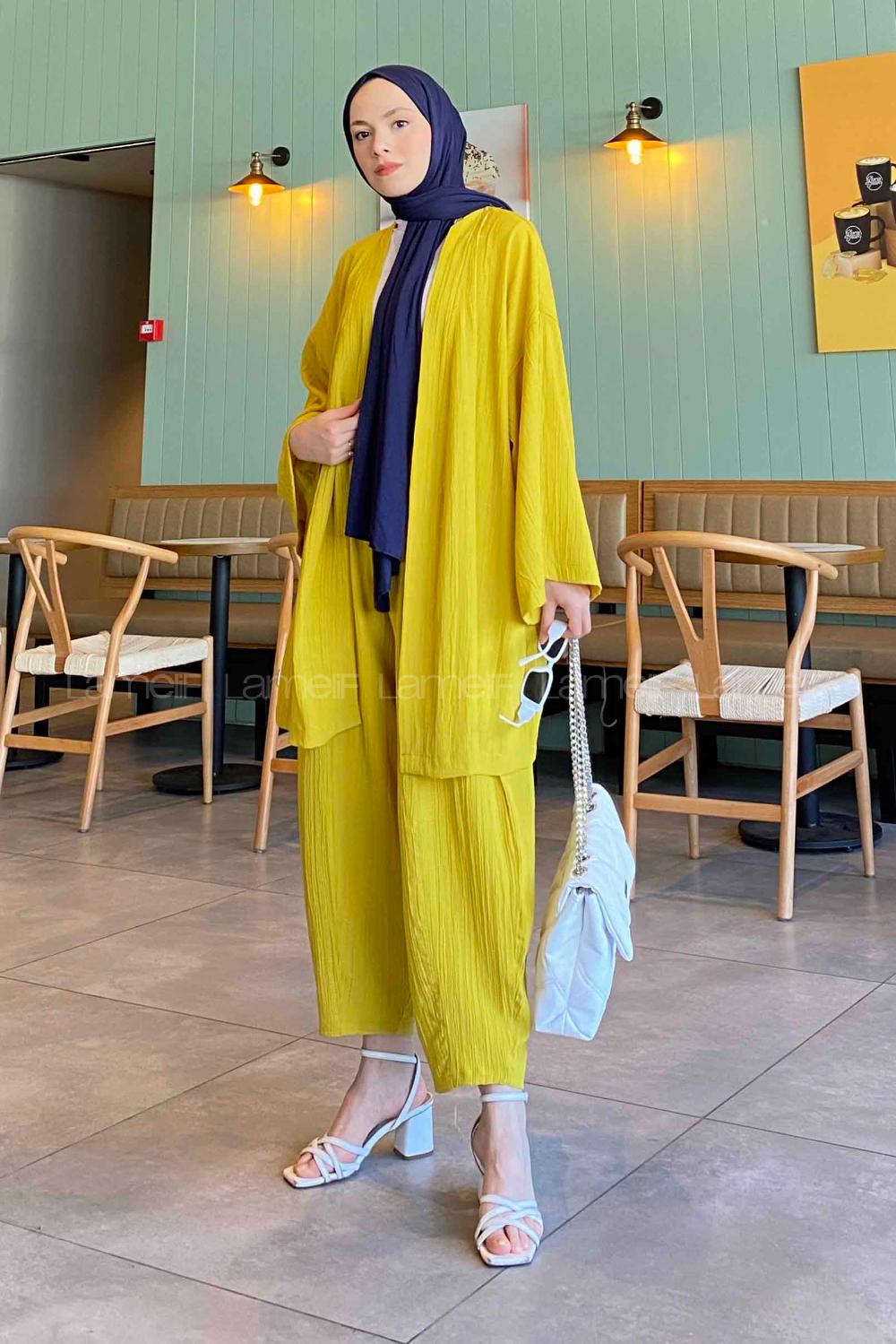 Lamelif Kimono İkili Tesettür Takım Yağ Yeşili