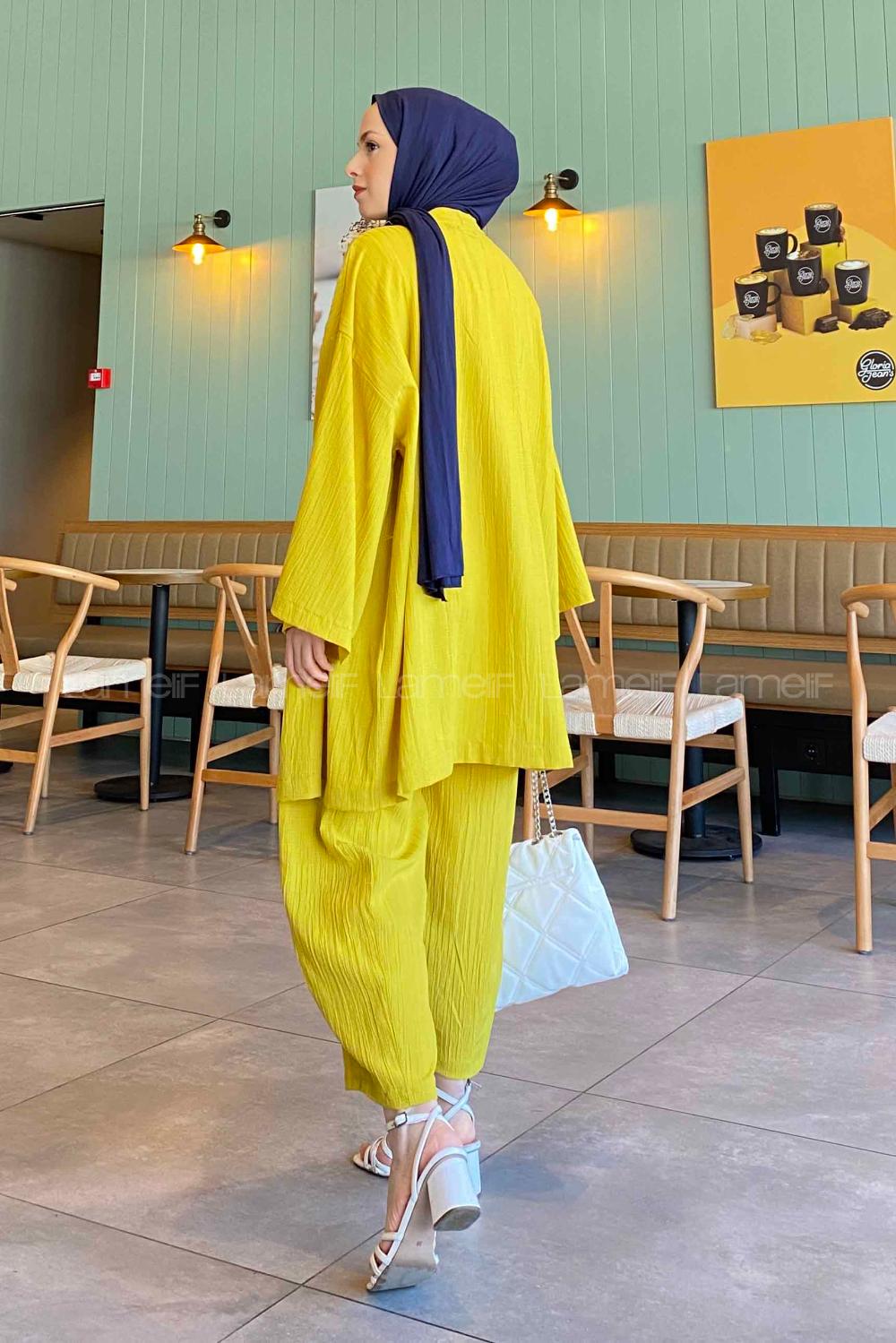 Lamelif Kimono İkili Tesettür Takım Yağ Yeşili