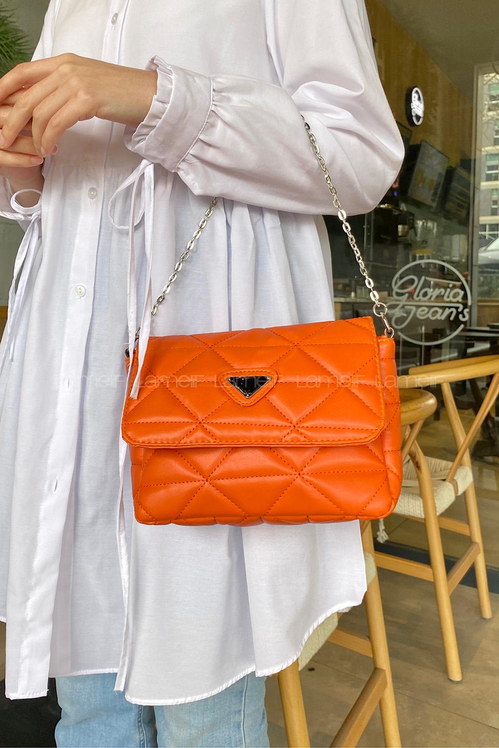 Lamelif Kapitone Desenli Cüzdan Aksesuarlı Kadın Çanta Turuncu