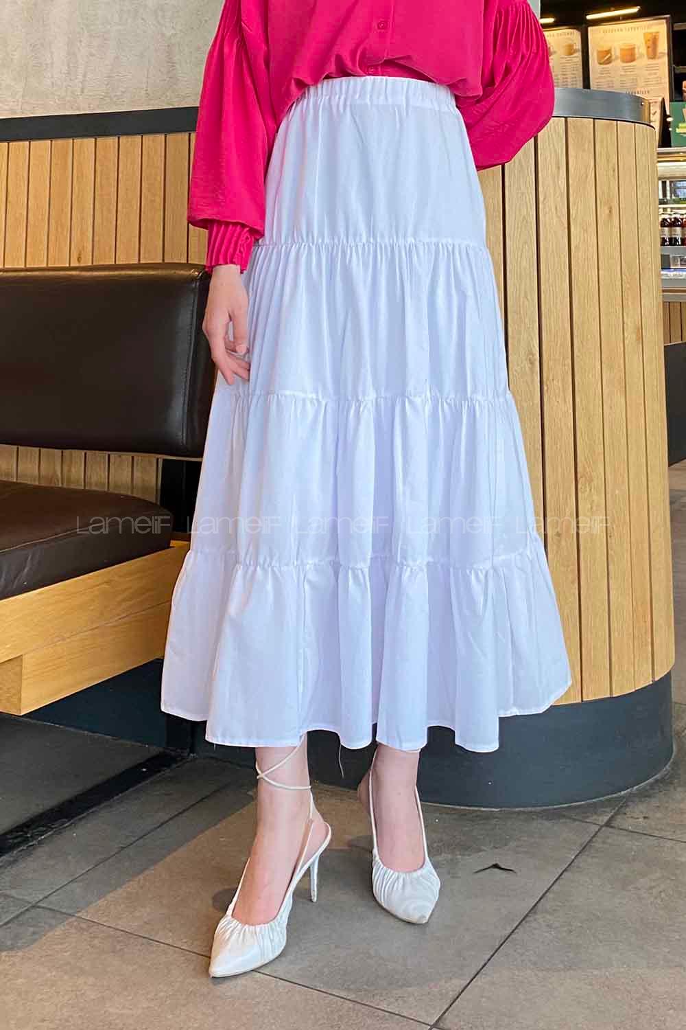 Lamelif Kat Volanlı Etek Beyaz