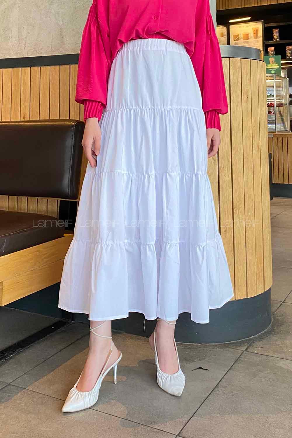 Lamelif Kat Volanlı Etek Beyaz