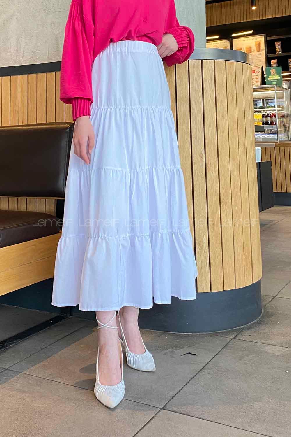 Lamelif Kat Volanlı Etek Beyaz