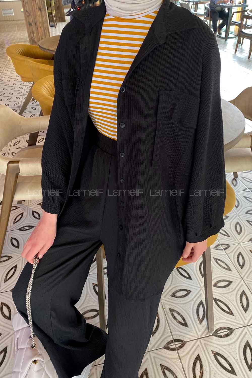 Black Shirt Collar Bat Sleeve Arm Without Accessories Cotton Regular Trousers Comfortable Suit