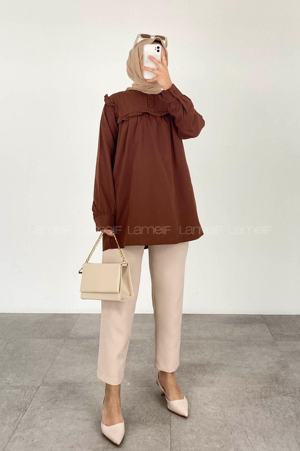 Modalamelif Hakim Yaka Önü Pileli  Tunik Acı Kahve