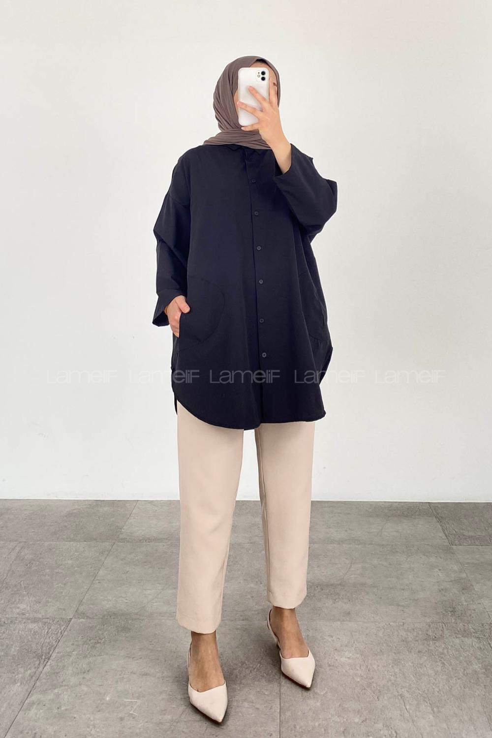 Modalamelif Önü Düğmeli Yan Cepli Gömlek Siyah