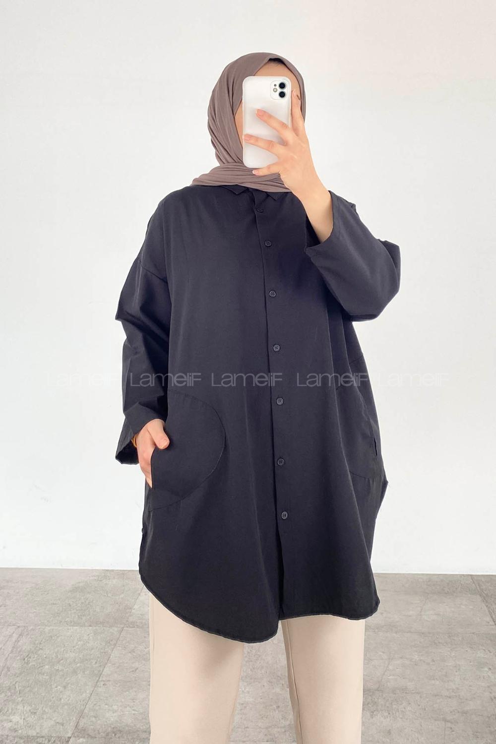 Modalamelif Önü Düğmeli Yan Cepli Gömlek Siyah