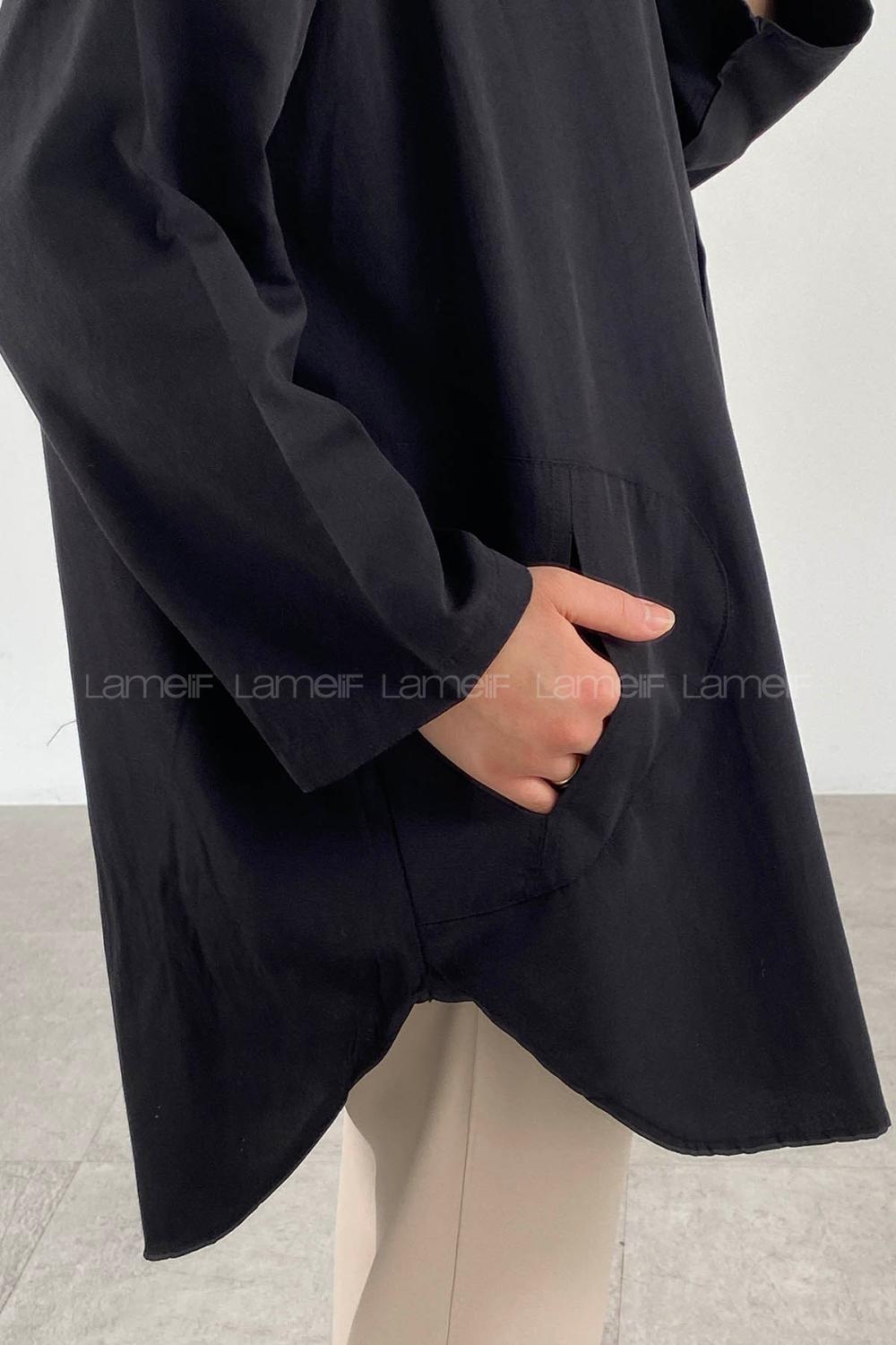 Modalamelif Önü Düğmeli Yan Cepli Gömlek Siyah