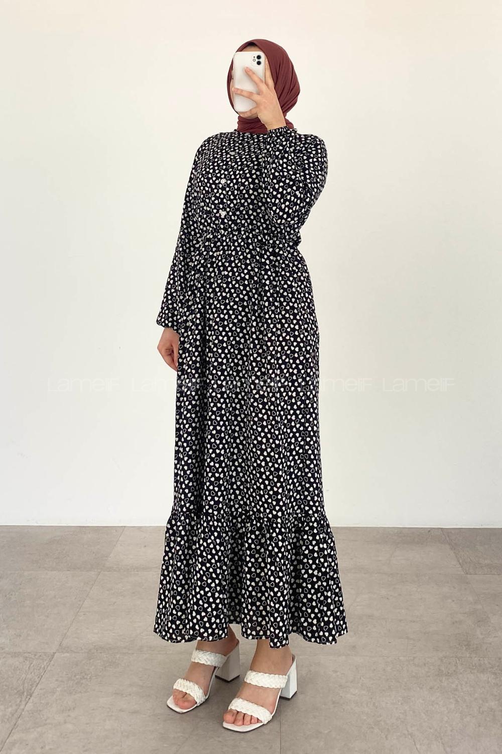 Modalamelif Bel Büzgülü Kalp Desen Elbise Siyah