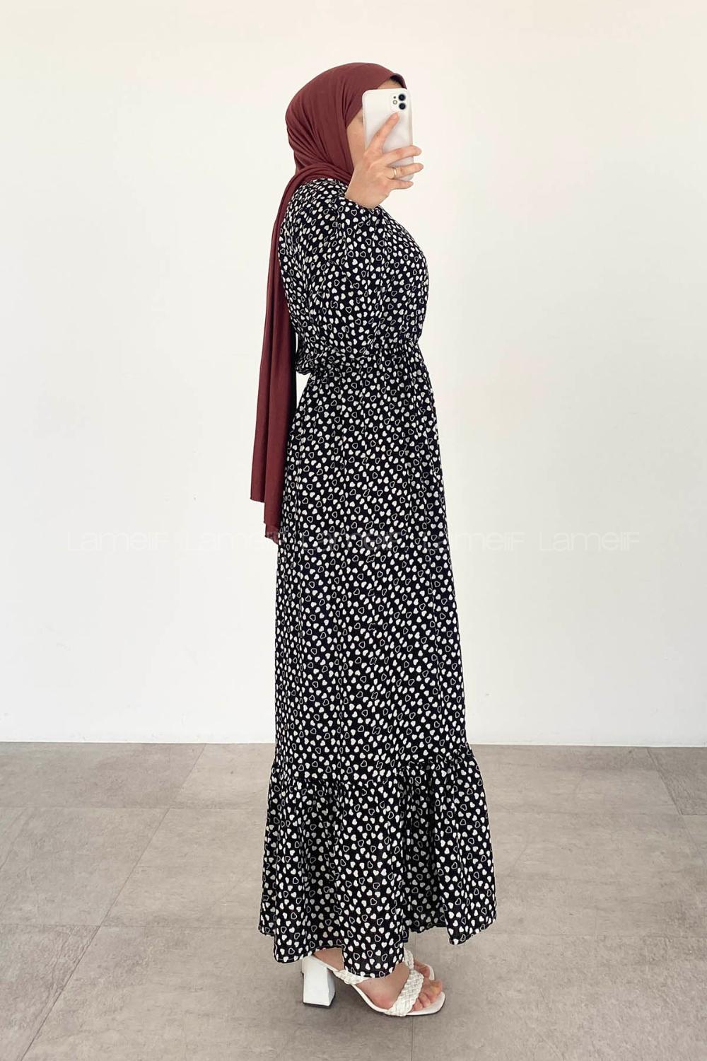 Modalamelif Bel Büzgülü Kalp Desen Elbise Siyah