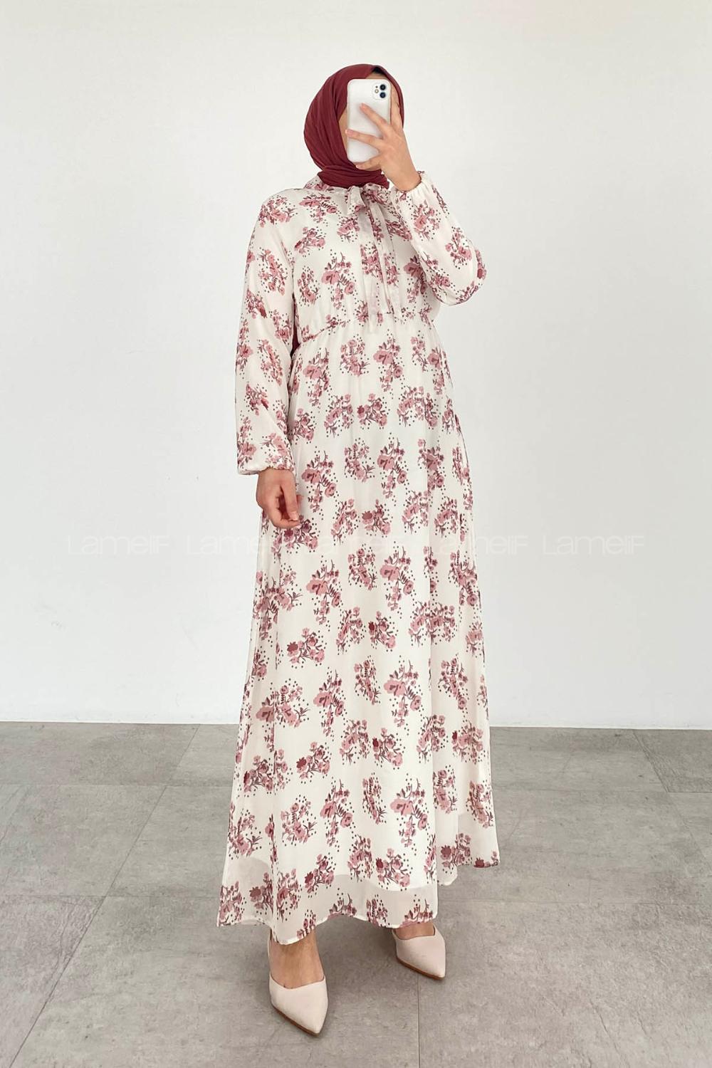 Rose Medium V Neck Foulard Neck Printed Dresess