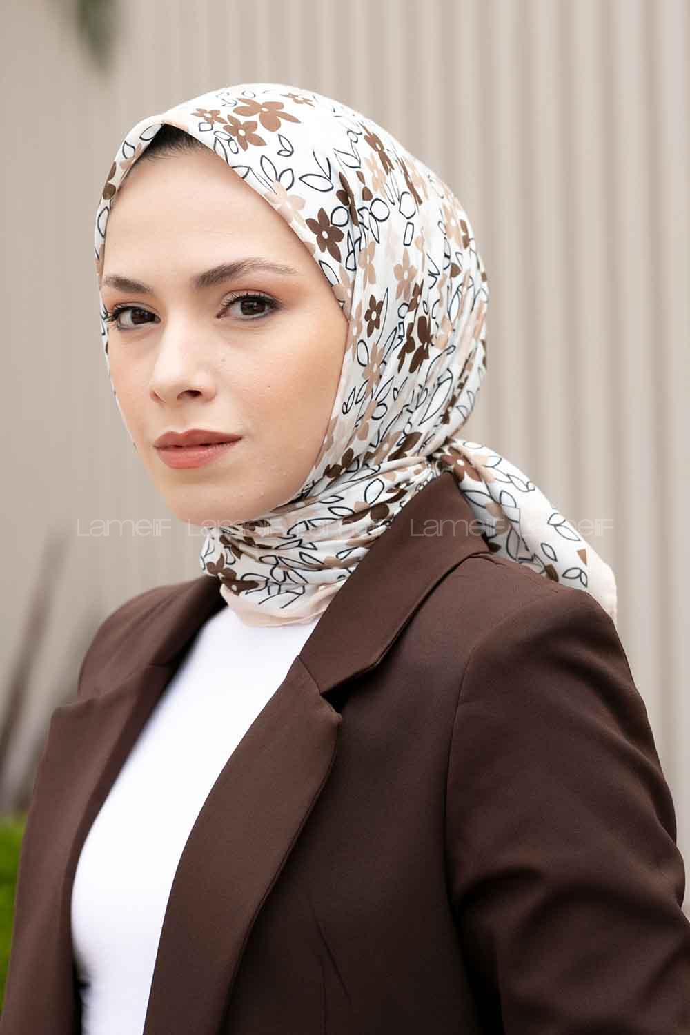 Lamelif Mini Çiçek Desen Soft Eşarp Serisi Bej