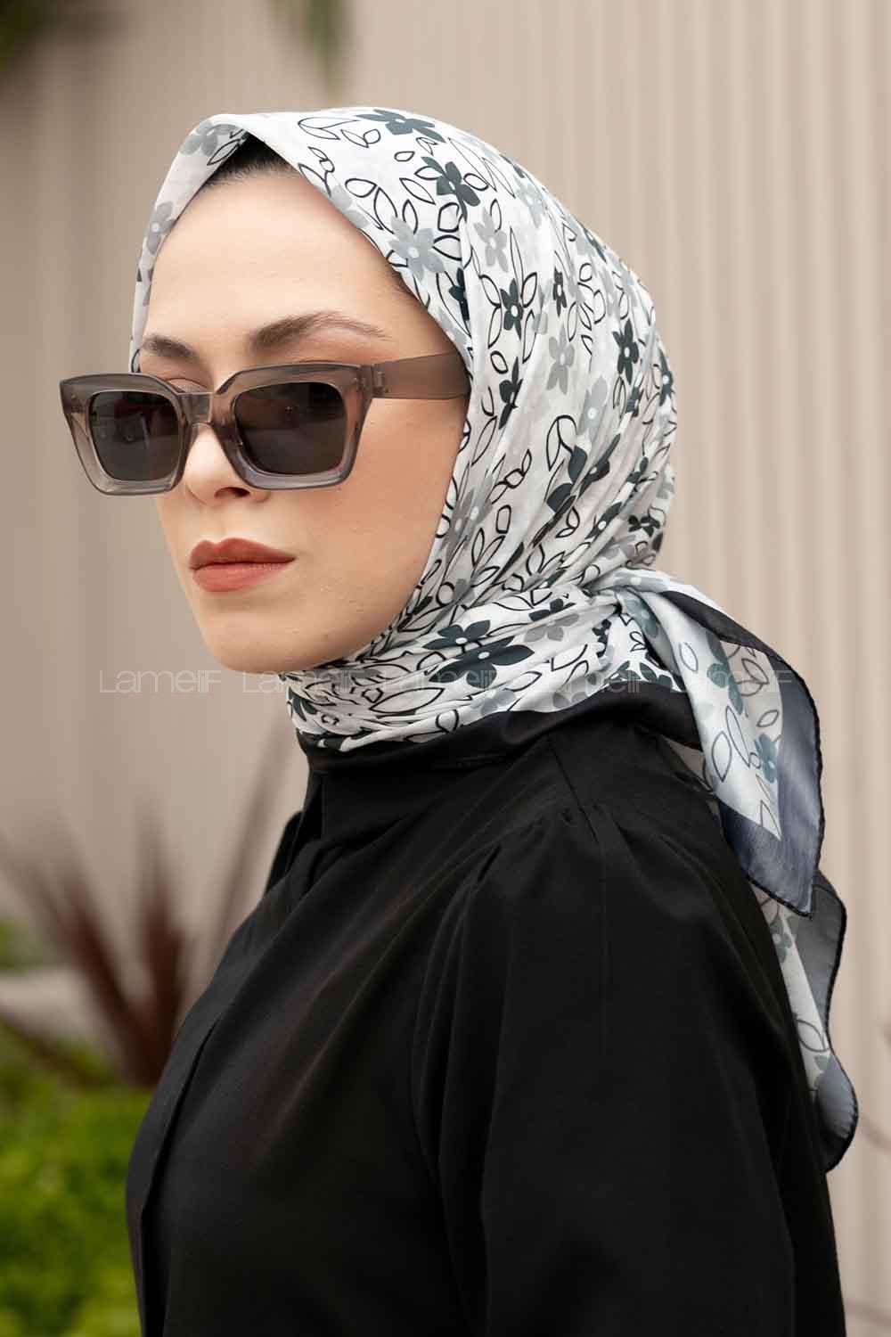 Lamelif Mini Çiçek Desen Soft Eşarp Serisi Beyaz-Siyah