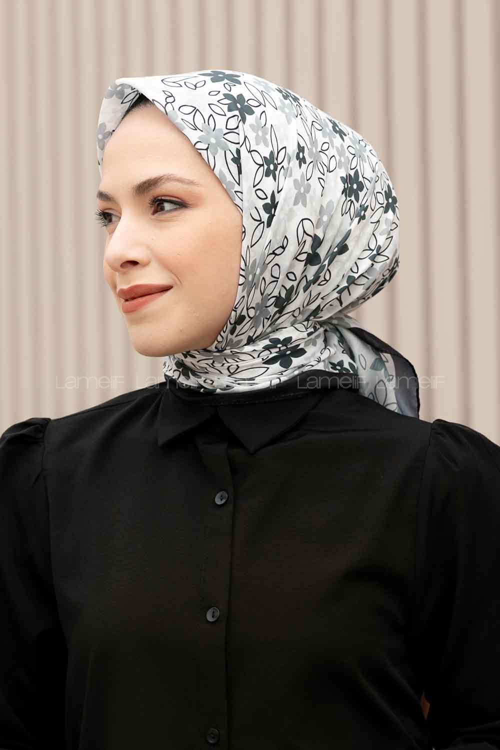 Lamelif Mini Çiçek Desen Soft Eşarp Serisi Beyaz-Siyah