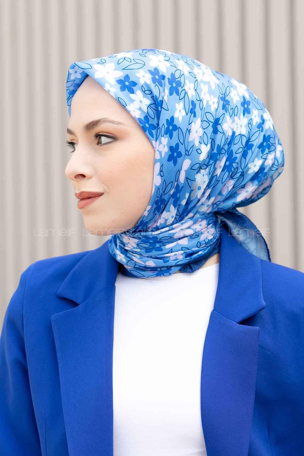 Lamelif Mini Çiçek Desen Soft Eşarp Serisi Lacivert