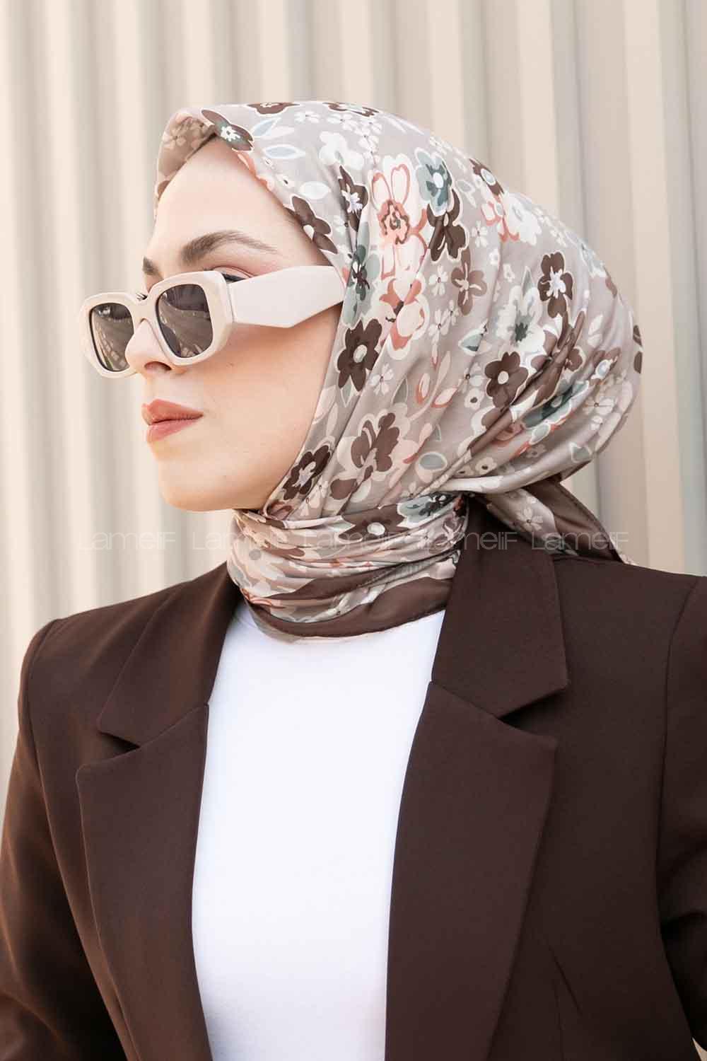 Lamelif Flora Desen Soft Eşarp Serisi Acı Kahve