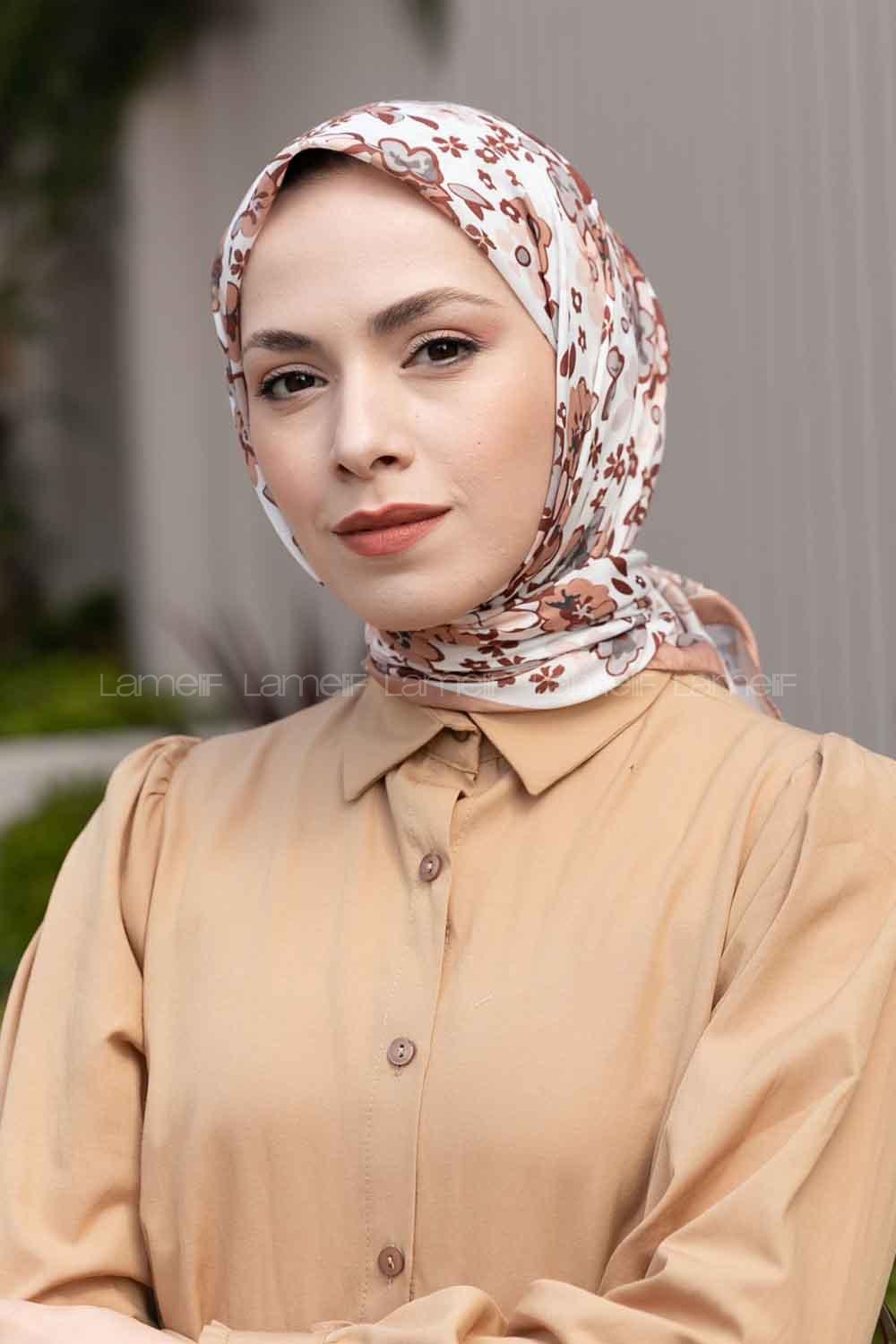 Lamelif Flora Desen Soft Eşarp Serisi Sütlü Kahve