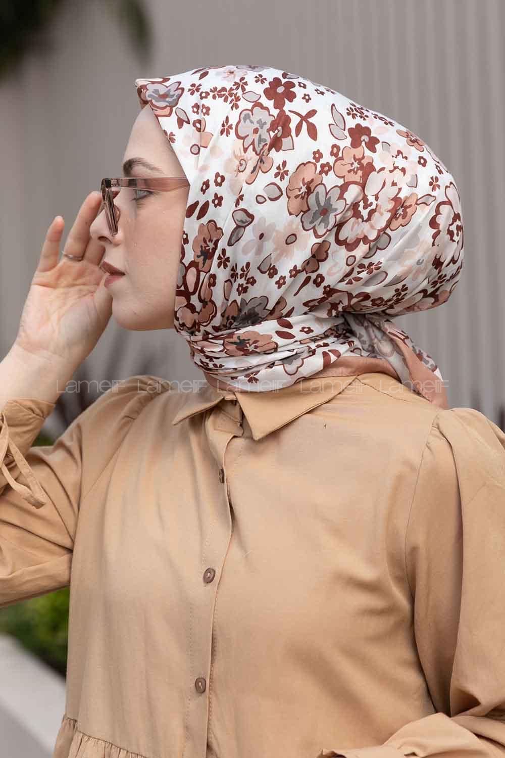 Lamelif Flora Desen Soft Eşarp Serisi Sütlü Kahve