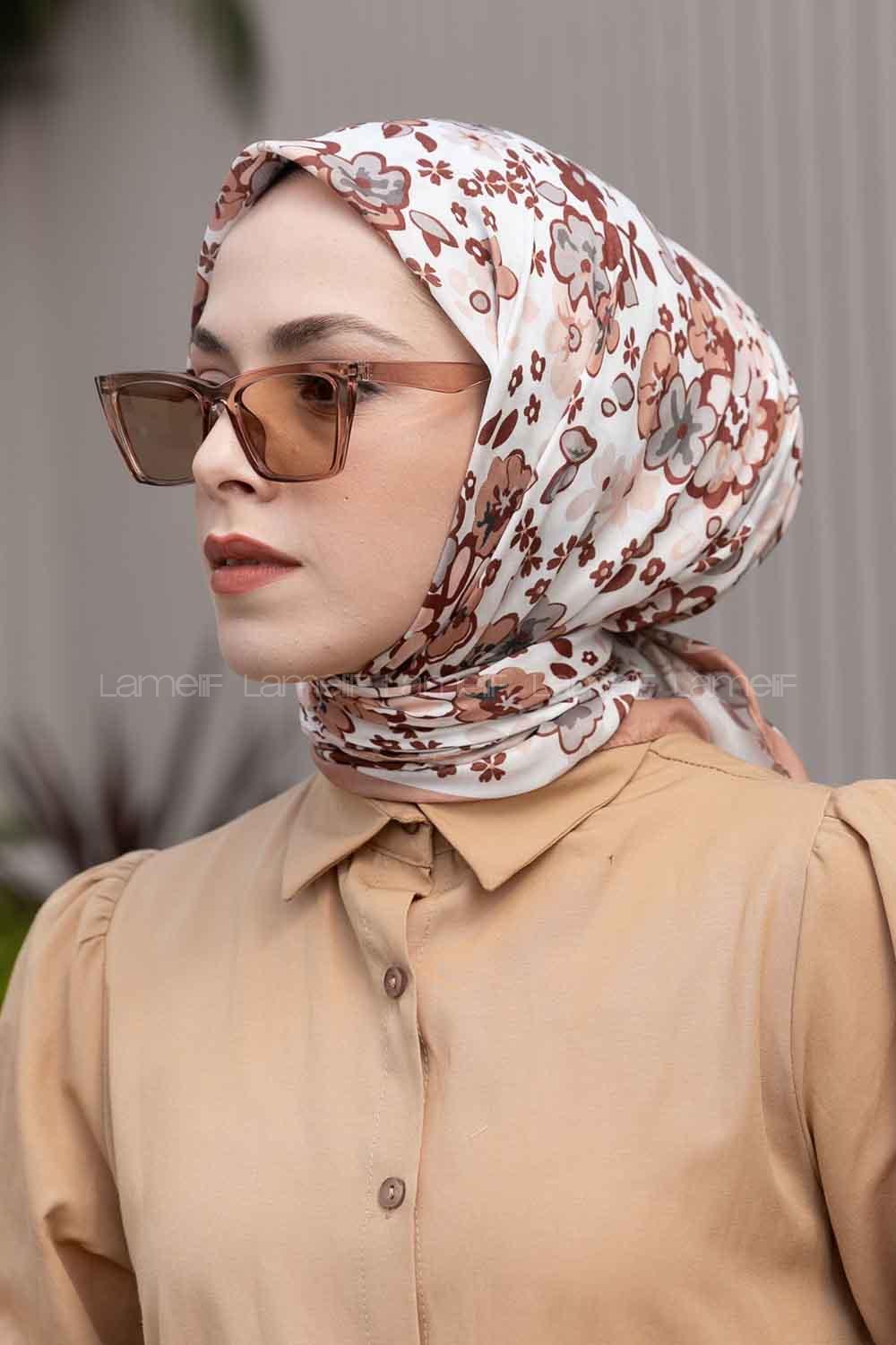 Lamelif Flora Desen Soft Eşarp Serisi Sütlü Kahve