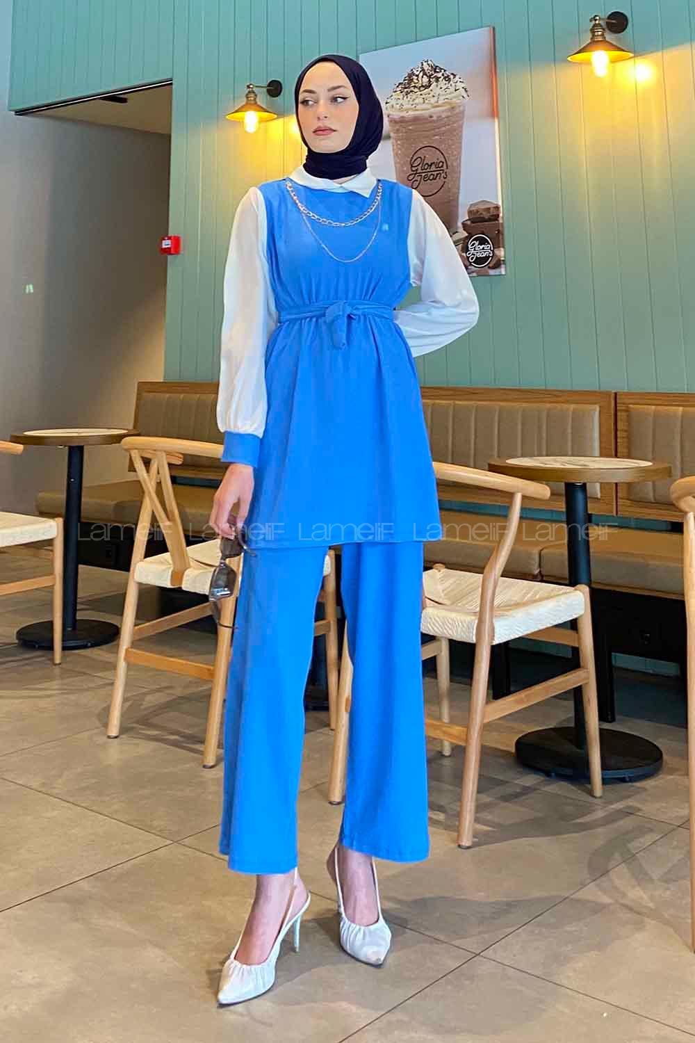 Gömlek Yaka Detaylı Garnili  Takım İndigo