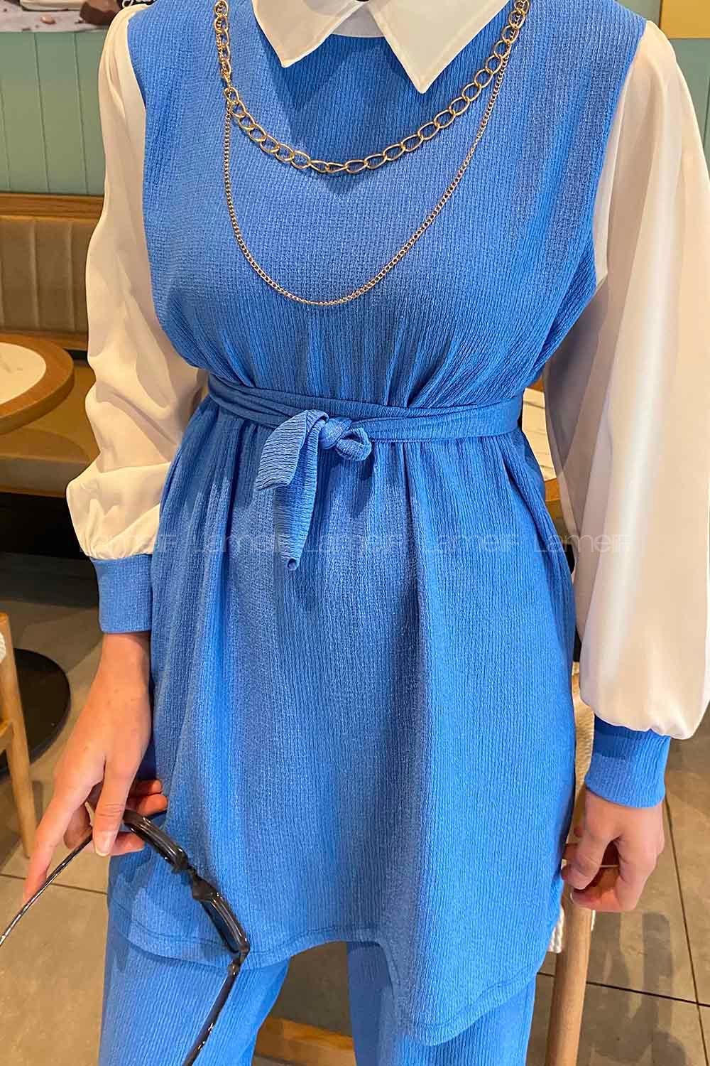 Gömlek Yaka Detaylı Garnili  Takım İndigo