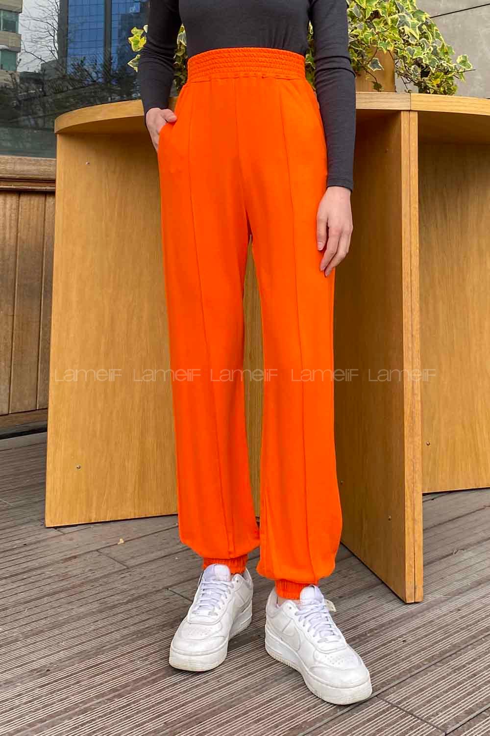 Lamelif  Paça Lasikli Çımalı Eşofman Oranj