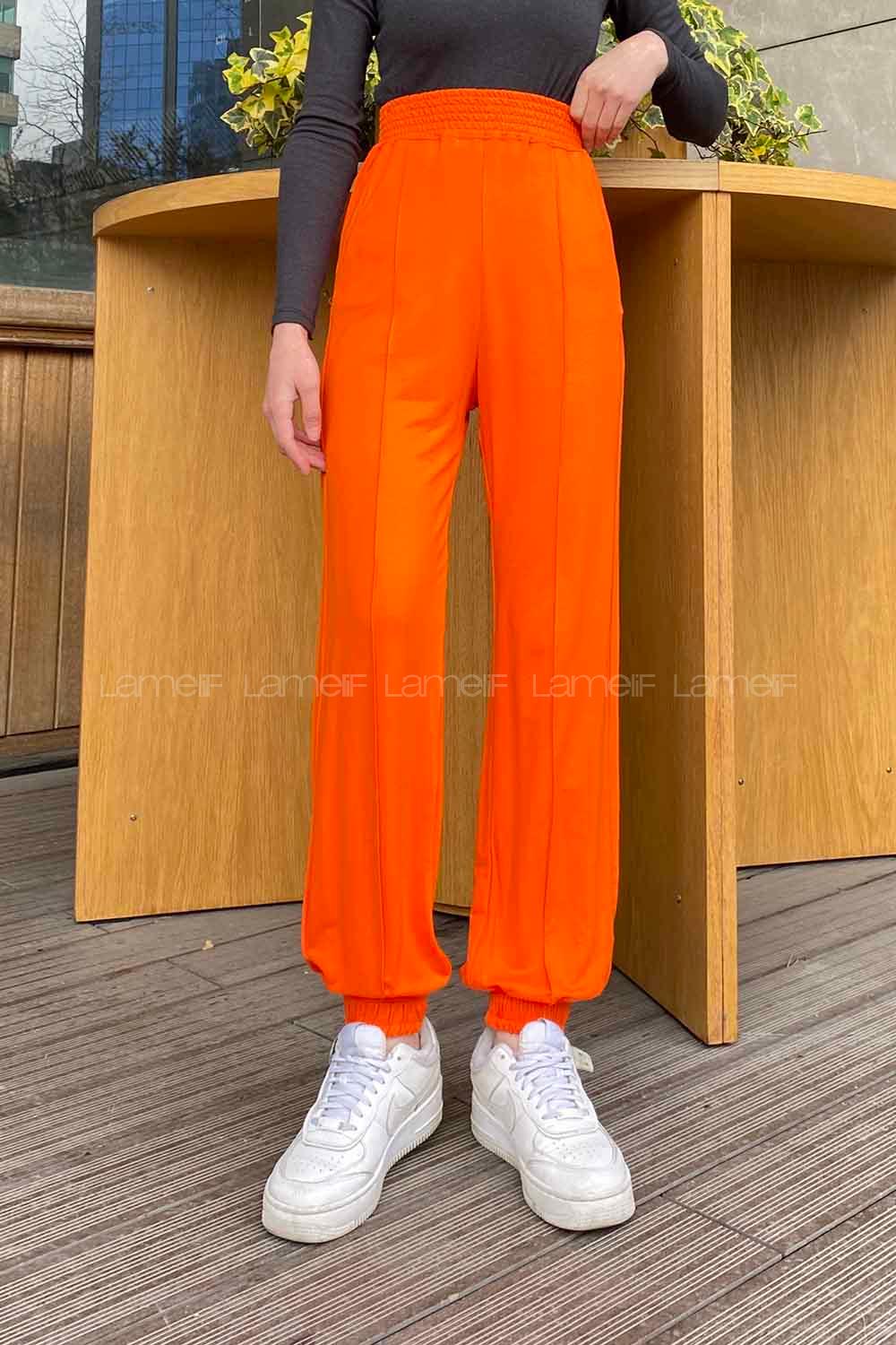 Lamelif  Paça Lasikli Çımalı Eşofman Oranj