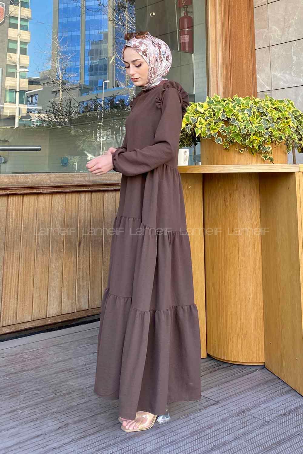 Modalamelif Lora Fırfır Detaylı Elbise Acı Kahve