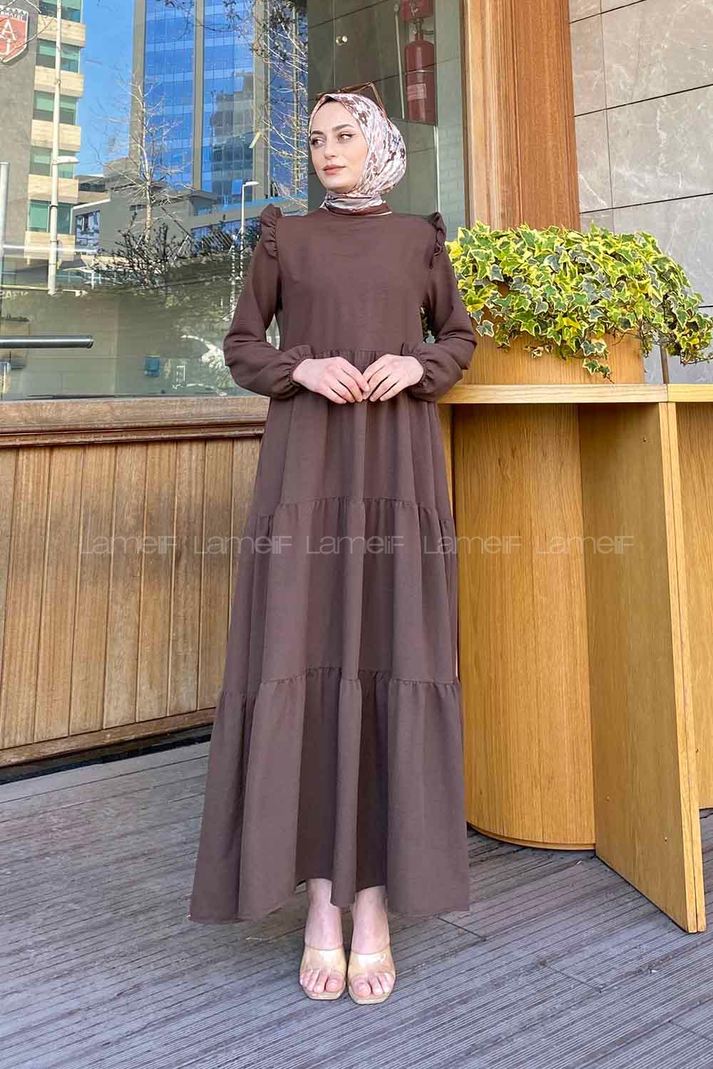 Modalamelif Lora Fırfır Detaylı Elbise Acı Kahve