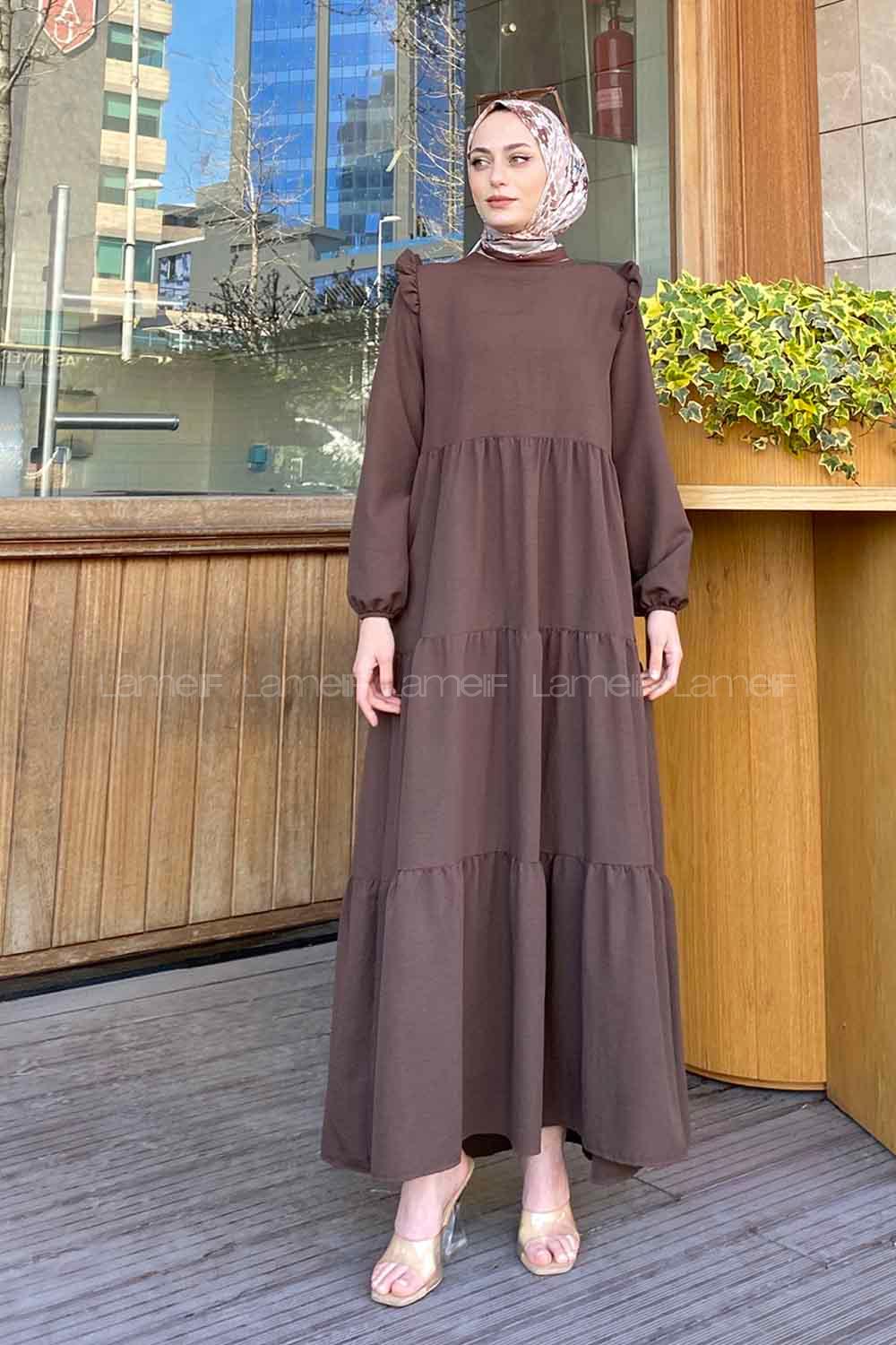 Modalamelif Lora Fırfır Detaylı Elbise Acı Kahve