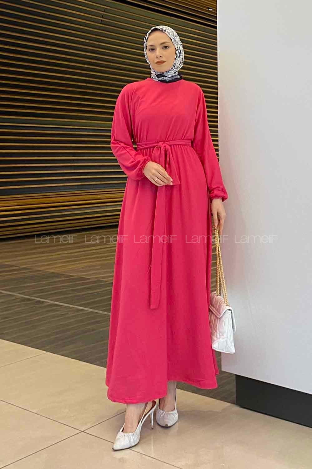 Fuchsia Crew Neck Cotton Fabric Unprinted Dresess