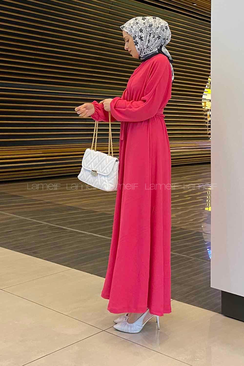 Fuchsia Crew Neck Cotton Fabric Unprinted Dresess