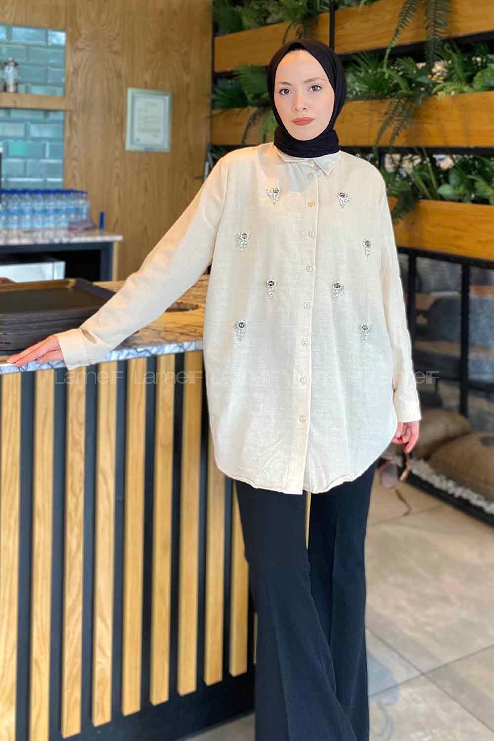 Modalamelif Taş İşlemeli Keten Gömlek Bej