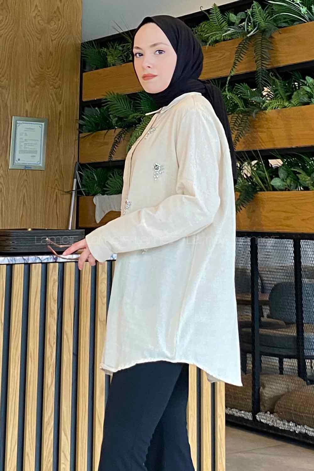 Modalamelif Taş İşlemeli Keten Gömlek Bej