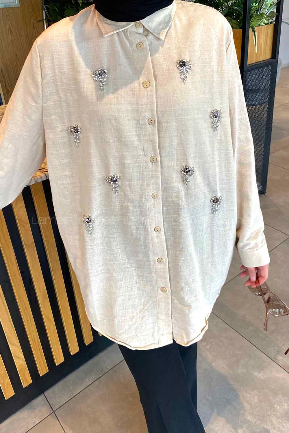 Modalamelif Taş İşlemeli Keten Gömlek Bej