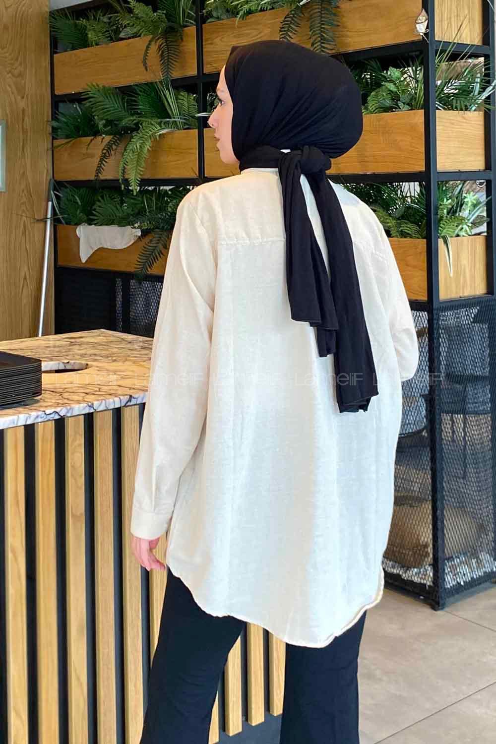 Modalamelif Taş İşlemeli Keten Gömlek Bej