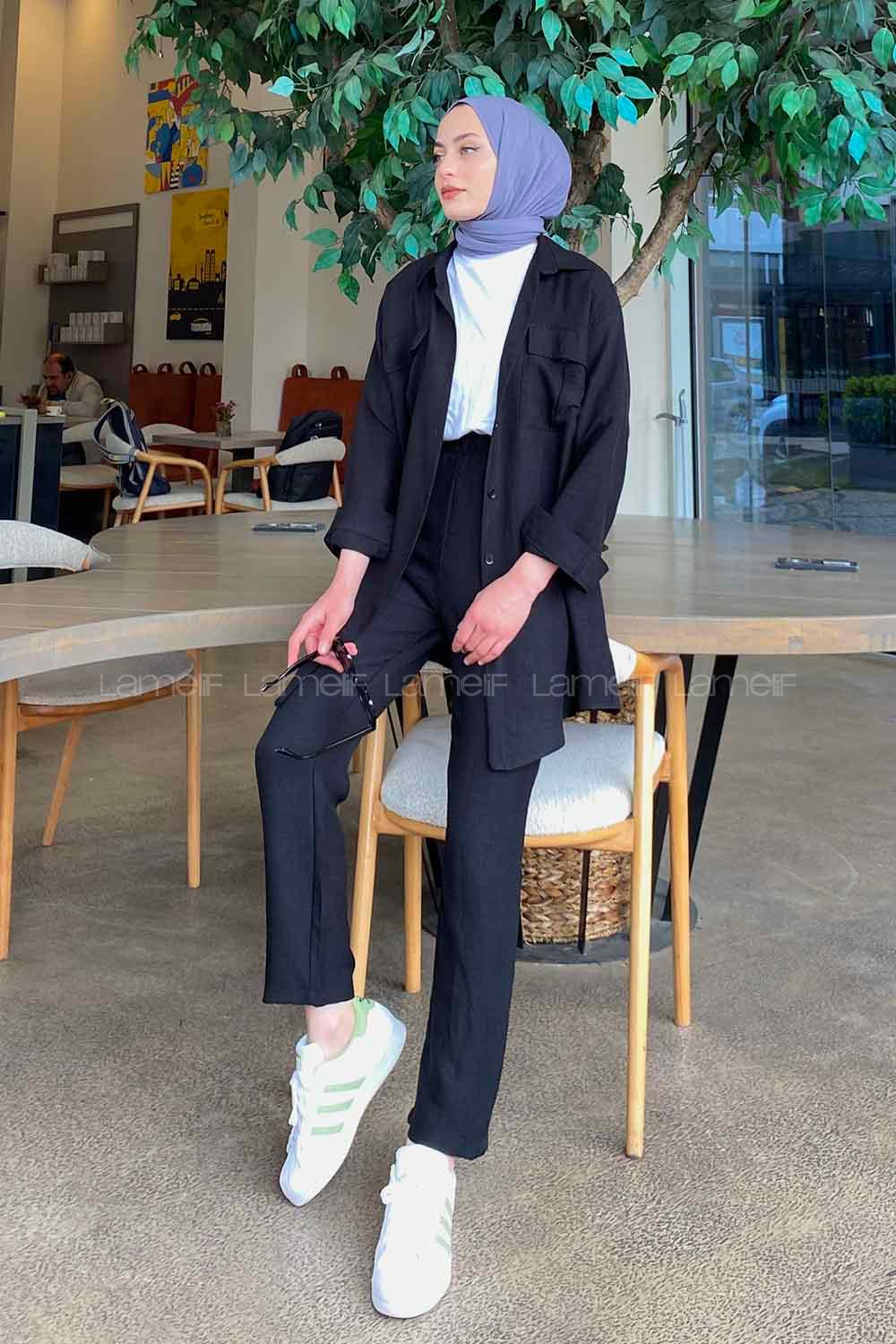 Black Shirt Collar Long Arm Without Accessories Viscose Fabric Regular Trousers Comfortable Suit