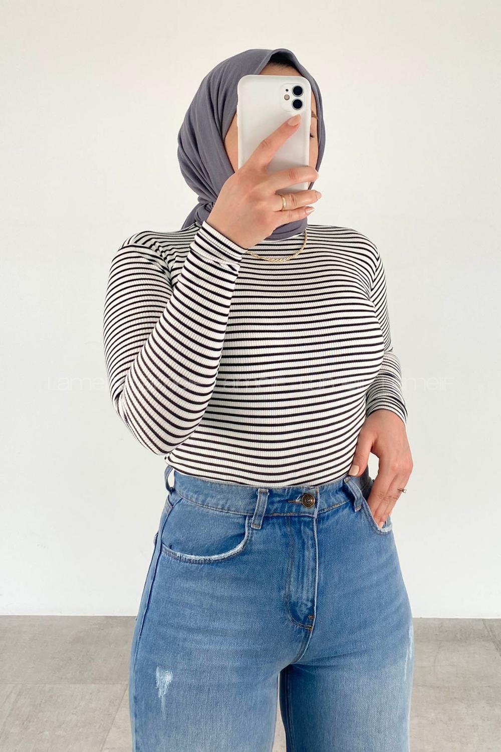 Lamelif Balıkçı Yaka Kaşkorse Çizgili Body Beyaz