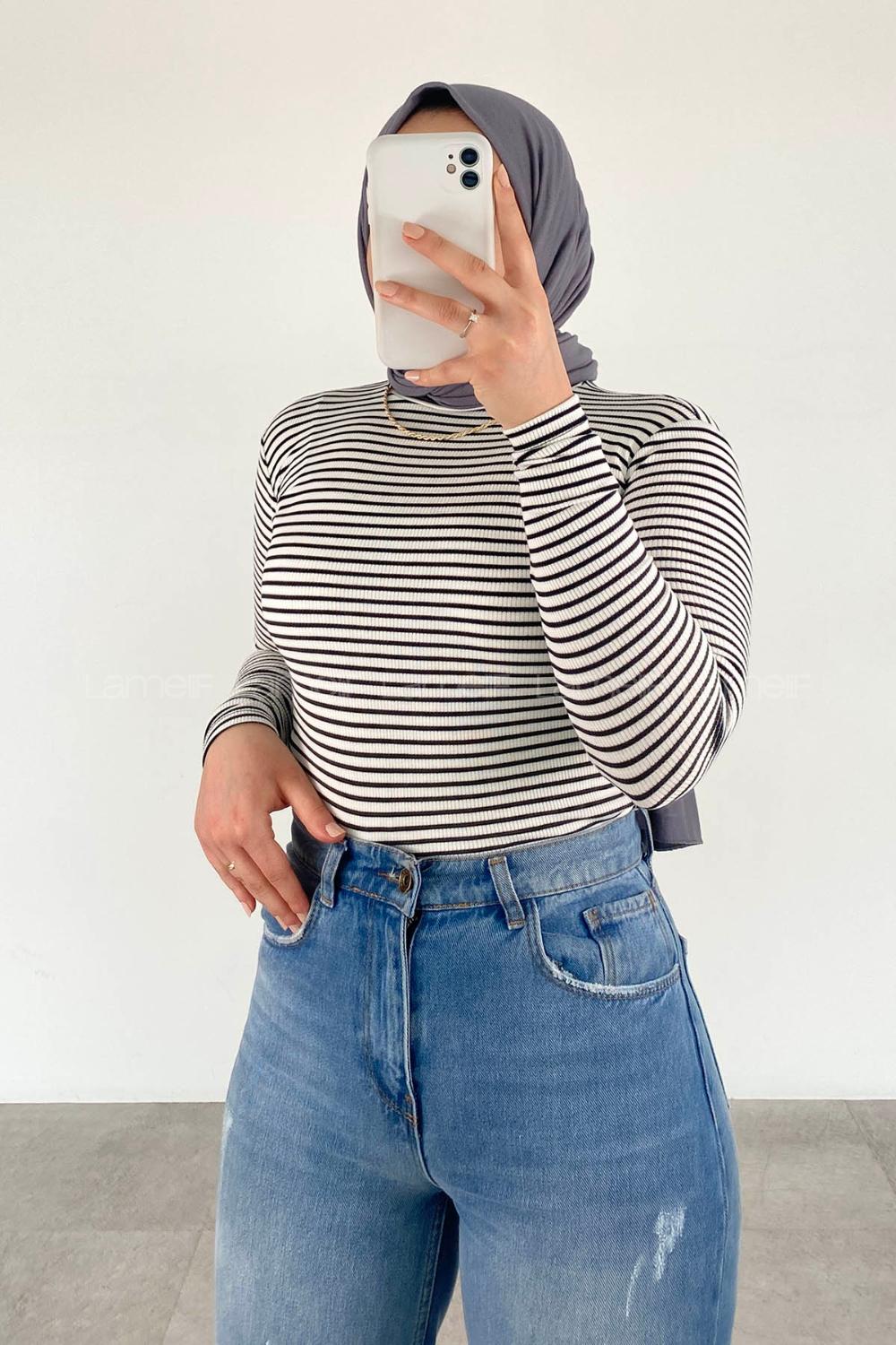 Lamelif Balıkçı Yaka Kaşkorse Çizgili Body Beyaz