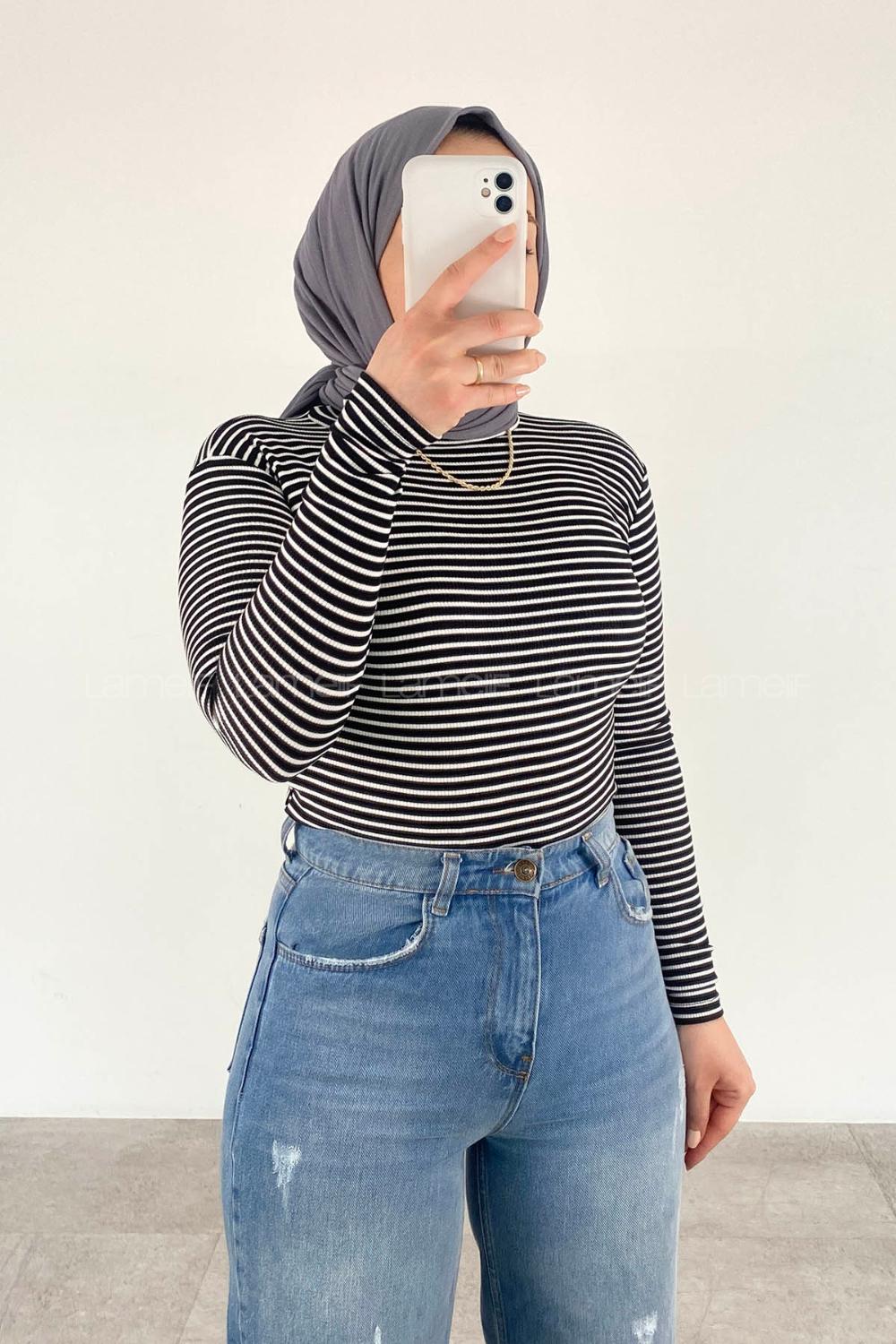 Lamelif Balıkçı Yaka Kaşkorse Çizgili Body Siyah