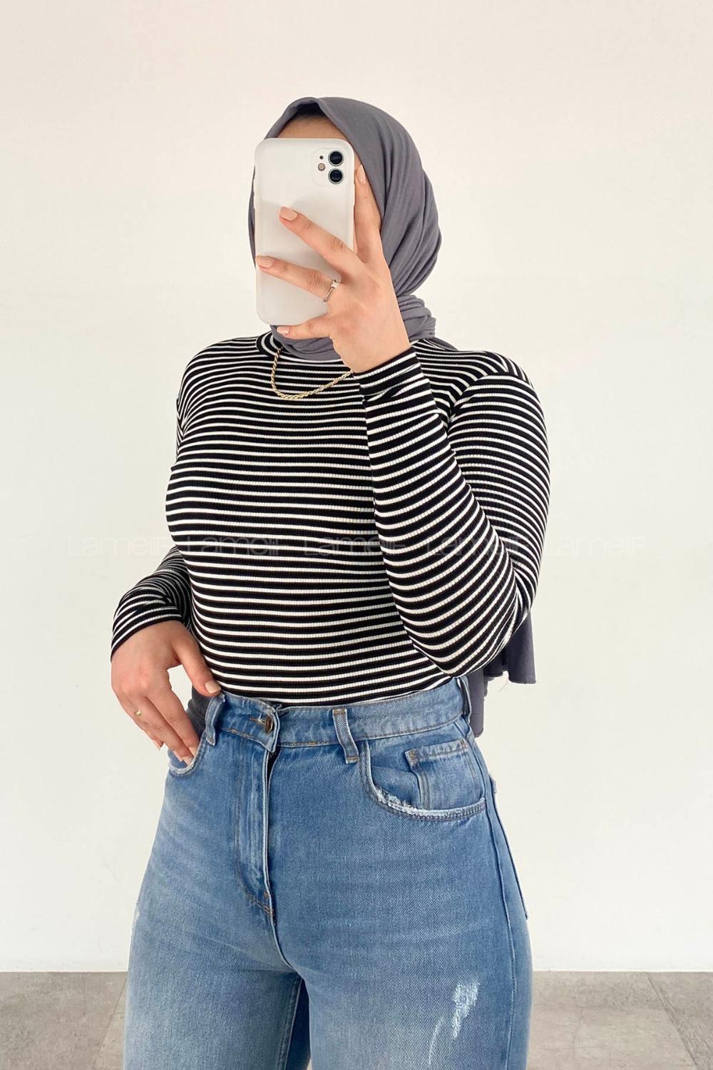 Lamelif Balıkçı Yaka Kaşkorse Çizgili Body Siyah