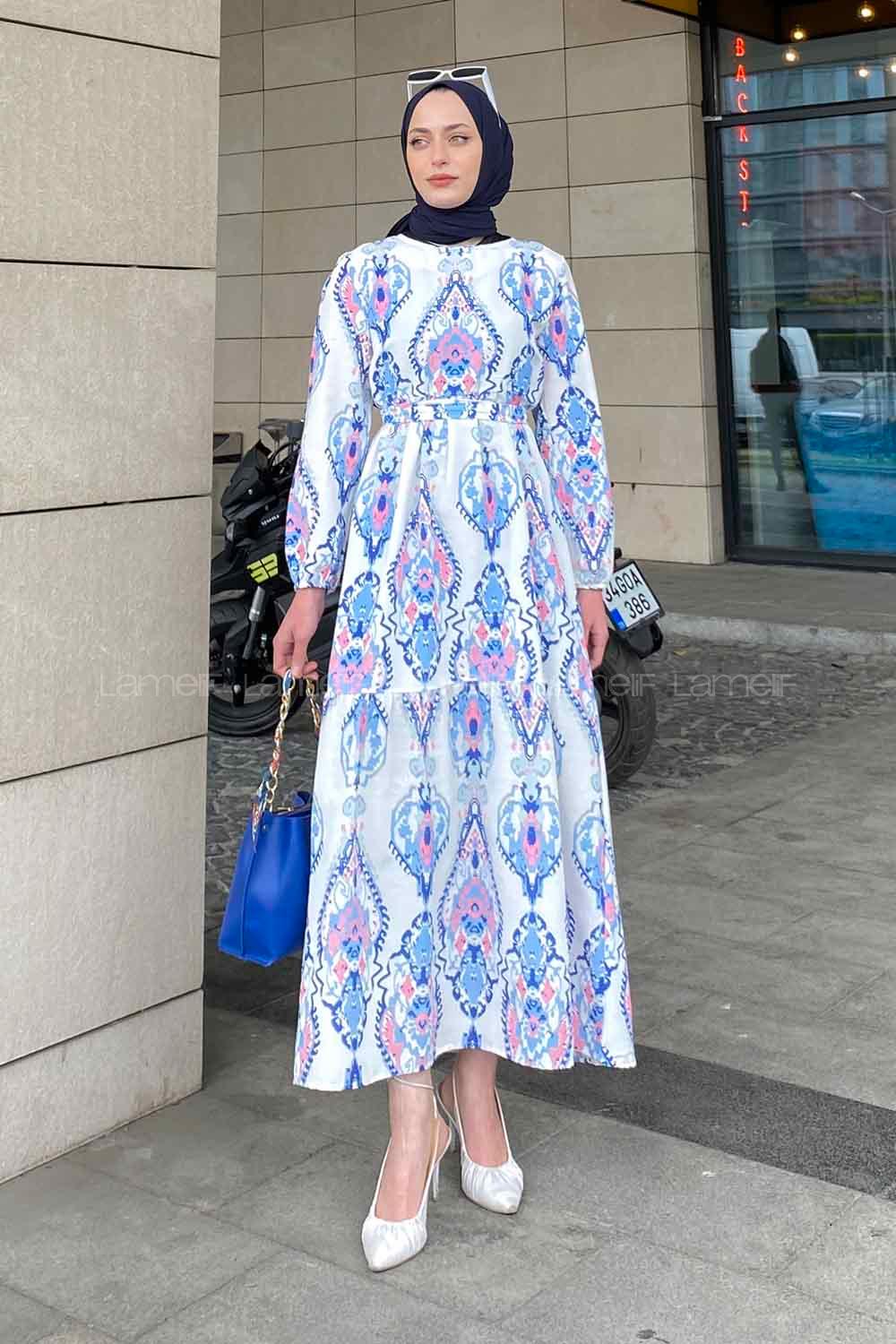 Modalamelif Şal Desen Elbise Saks