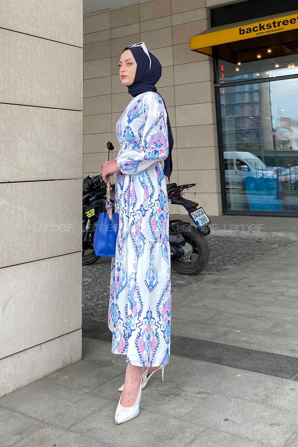 Modalamelif Şal Desen Elbise Saks