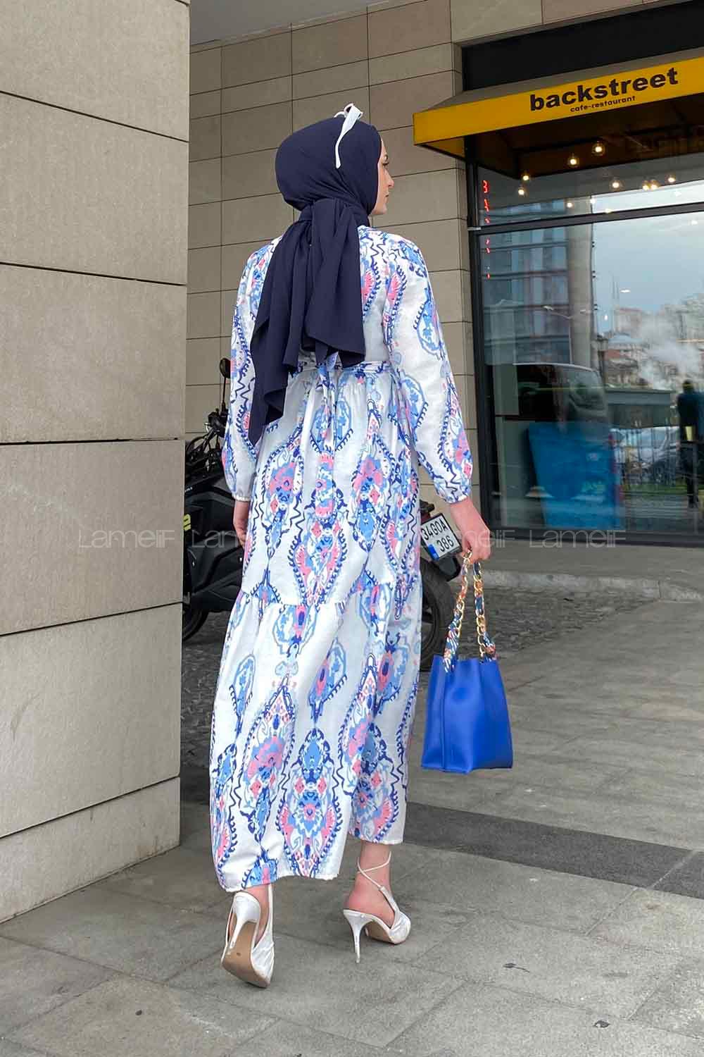 Modalamelif Şal Desen Elbise Saks