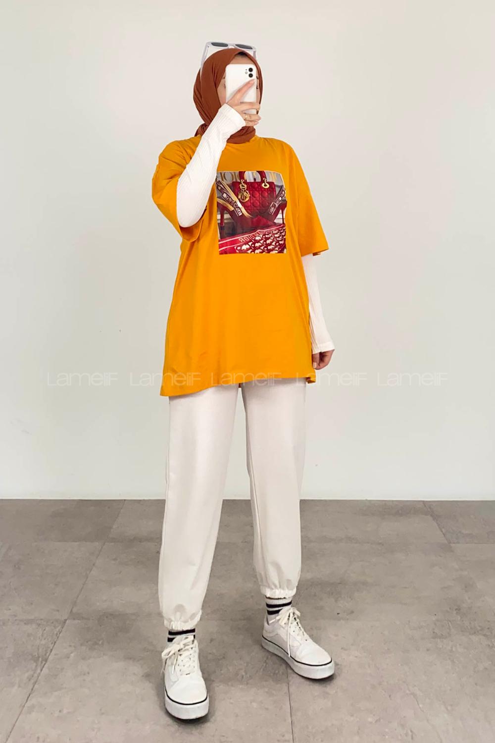 Ocher Crew Neck Half Arm Arm Cotton Printed T-shirt