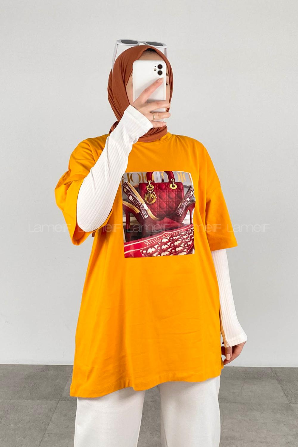 Ocher Crew Neck Half Arm Arm Cotton Printed T-shirt